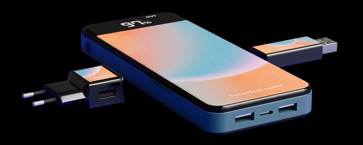 A power bank, charger and USB stick printed with a custom brand design