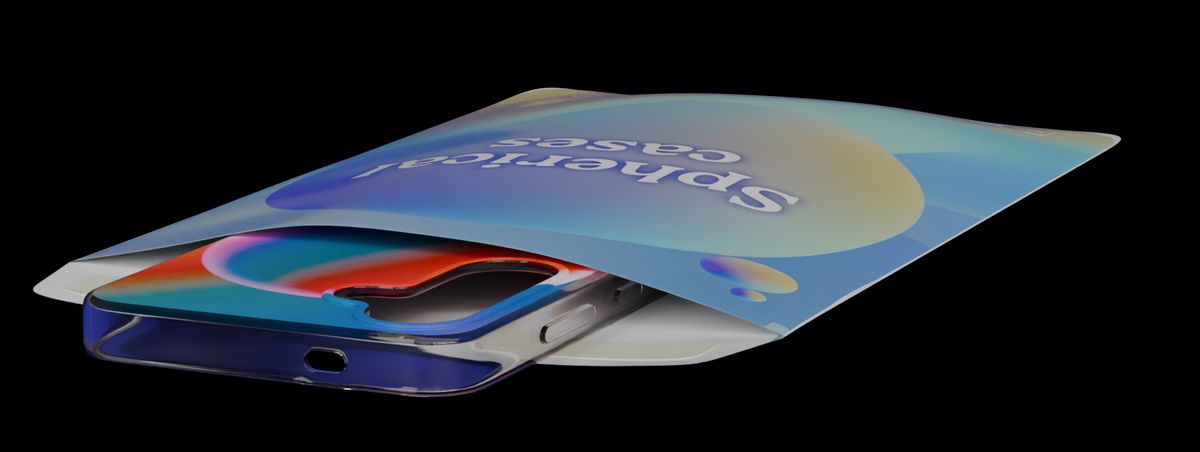 A phone case in a custom-branded shipping bag