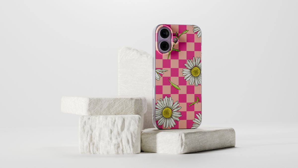 Render of a phone case with a daisy design, staged against white stone blocks