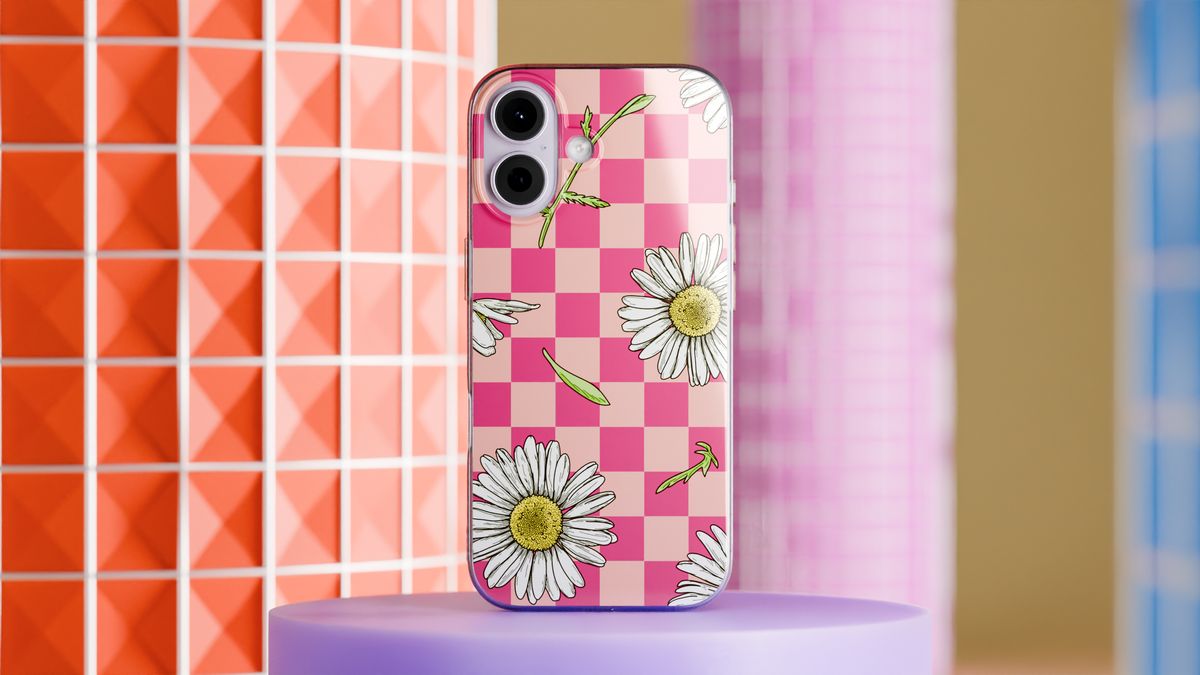 Render of a phone case with a daisy design on a pedestal between colorful columns