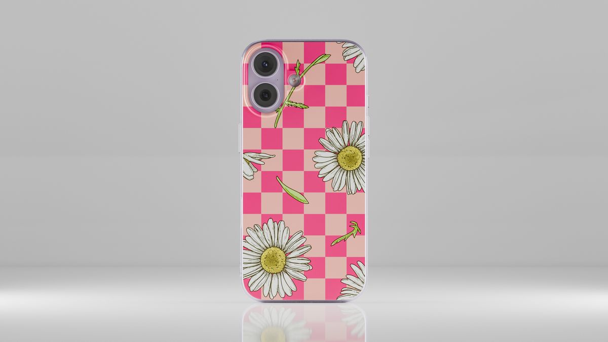 Render of a phone case with a daisy design standing in a bright studio
