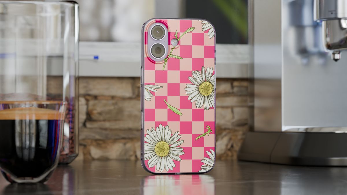 Render of a phone case with a daisy design on a kitchen countertop