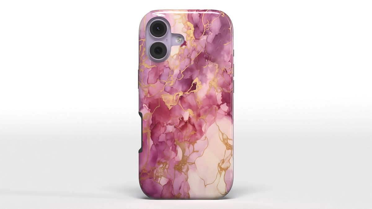 Photorealistic render of a phone case with a pink marble design, seen from the front