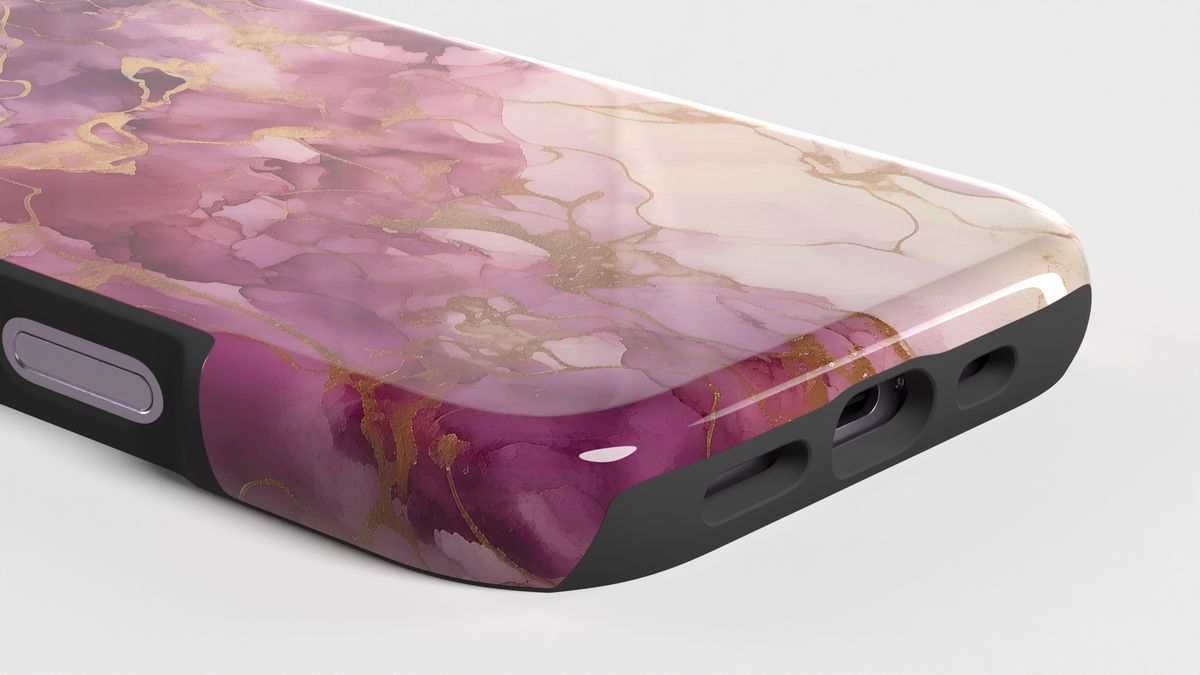 Photorealistic close-up render of the bottom of a phone case with a pink marble design