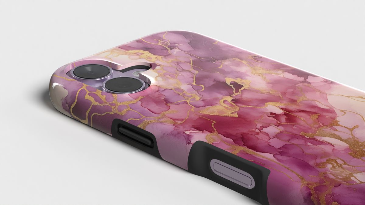 Photorealistic close-up render of the camera corner of a phone case with a pink marble design