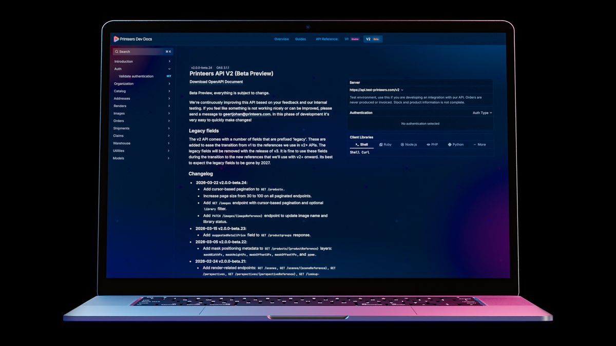 The Printeers API documentation on a laptop