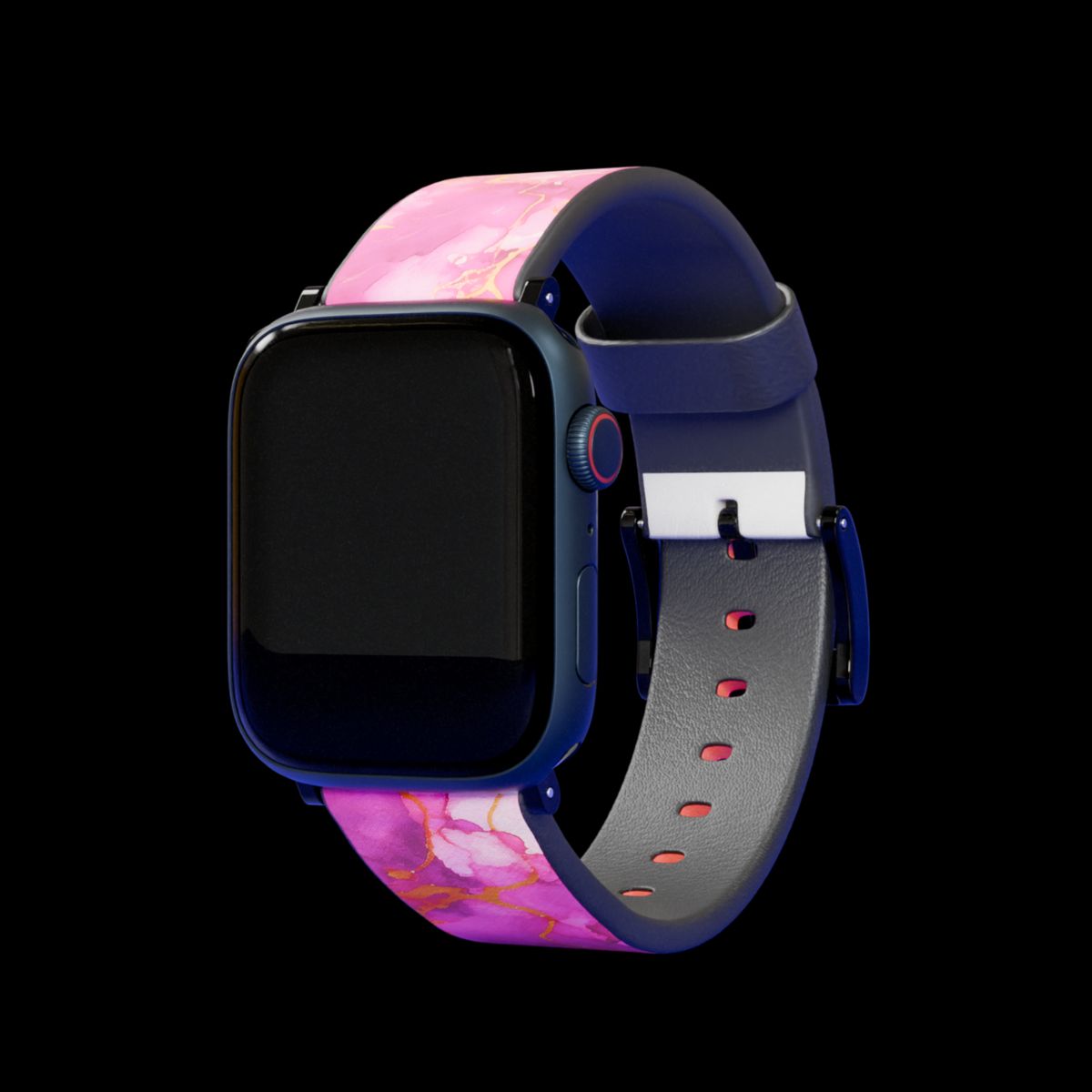 An Apple Watch with a custom printed pink marble band and black metal connectors
