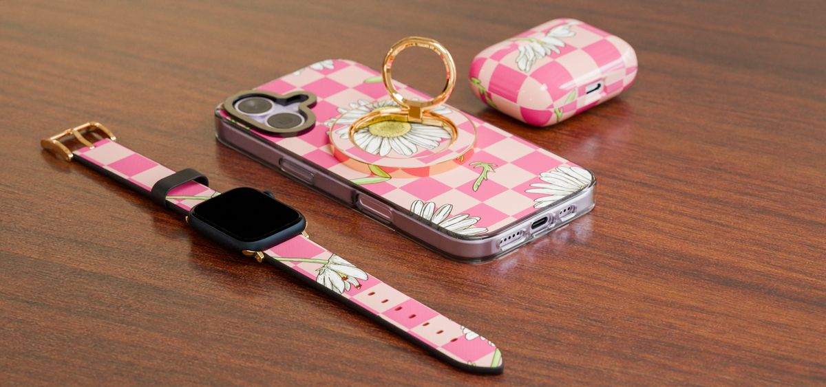 An Apple Watch band, phone case, MagSafe ring holder and AirPods case with the same checkered daisy design