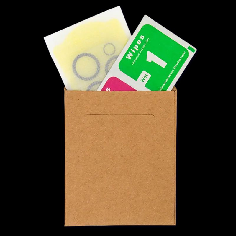 Camera protector packaging with cleaning cloths