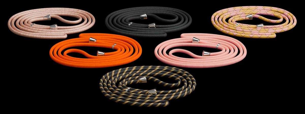 Available crossbody cord colors including glossy pink, black, argyle pink, orange, salmon pink, and black and gold