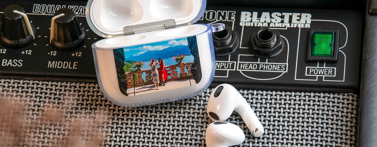 A custom front printed soft AirPods case in everyday use