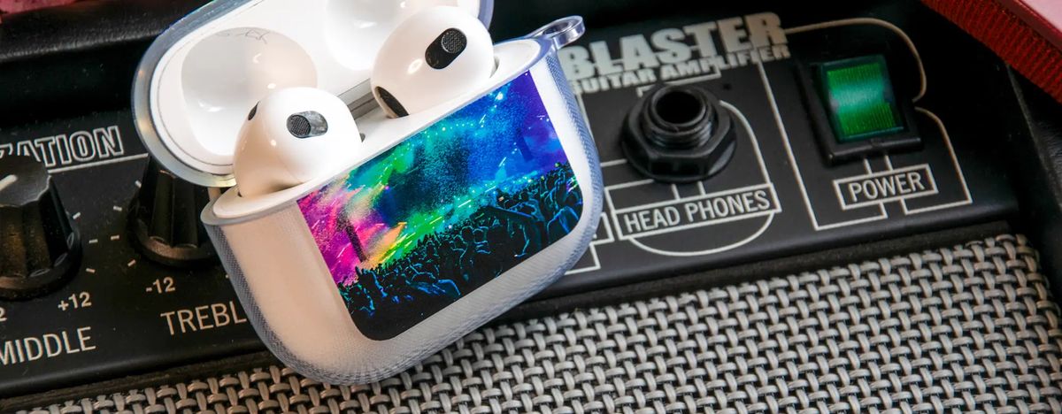 A custom front printed soft AirPods case in everyday use