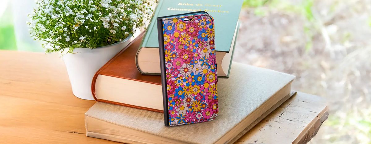 A front printed wallet case in everyday use
