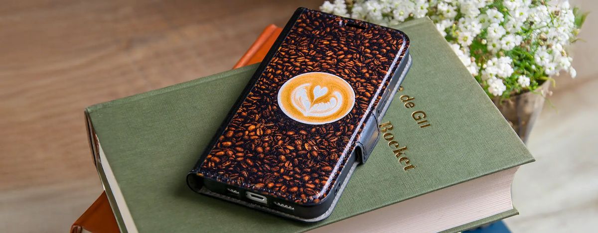 A front printed wallet case in everyday use