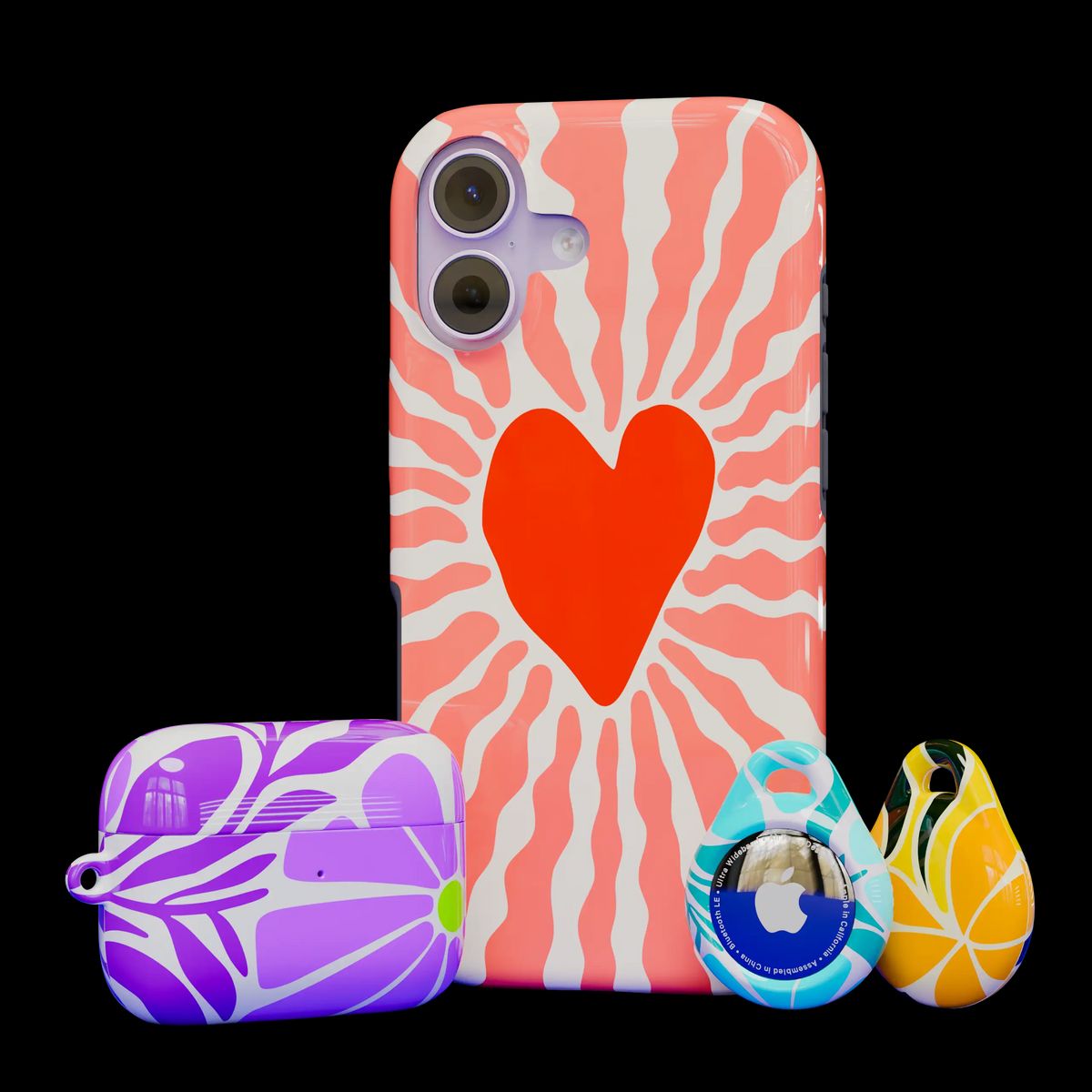 A line-up of fully printed AirTag cases in different designs