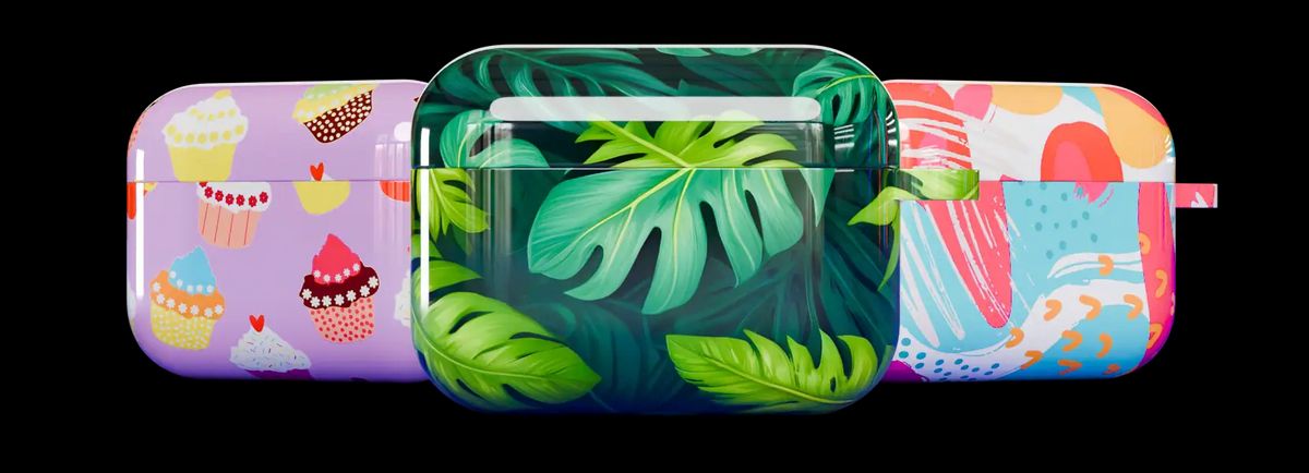 Three fully printed AirPods cases showing the wrap-around sublimation design