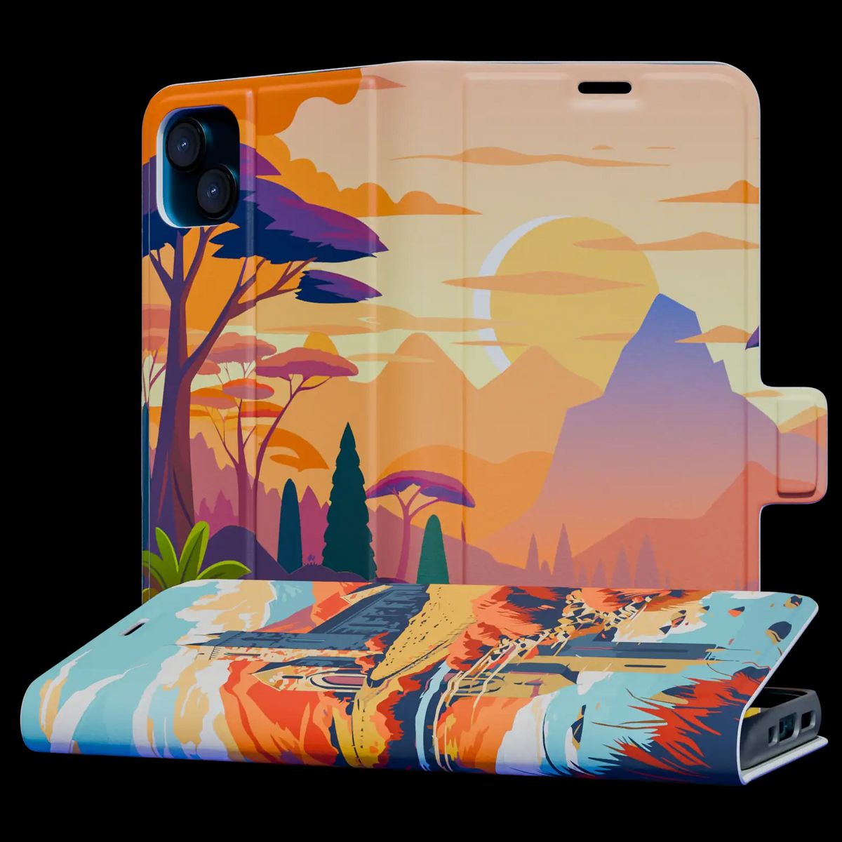 Fully printed wallet cases showing vibrant custom designs on vegan artificial leather