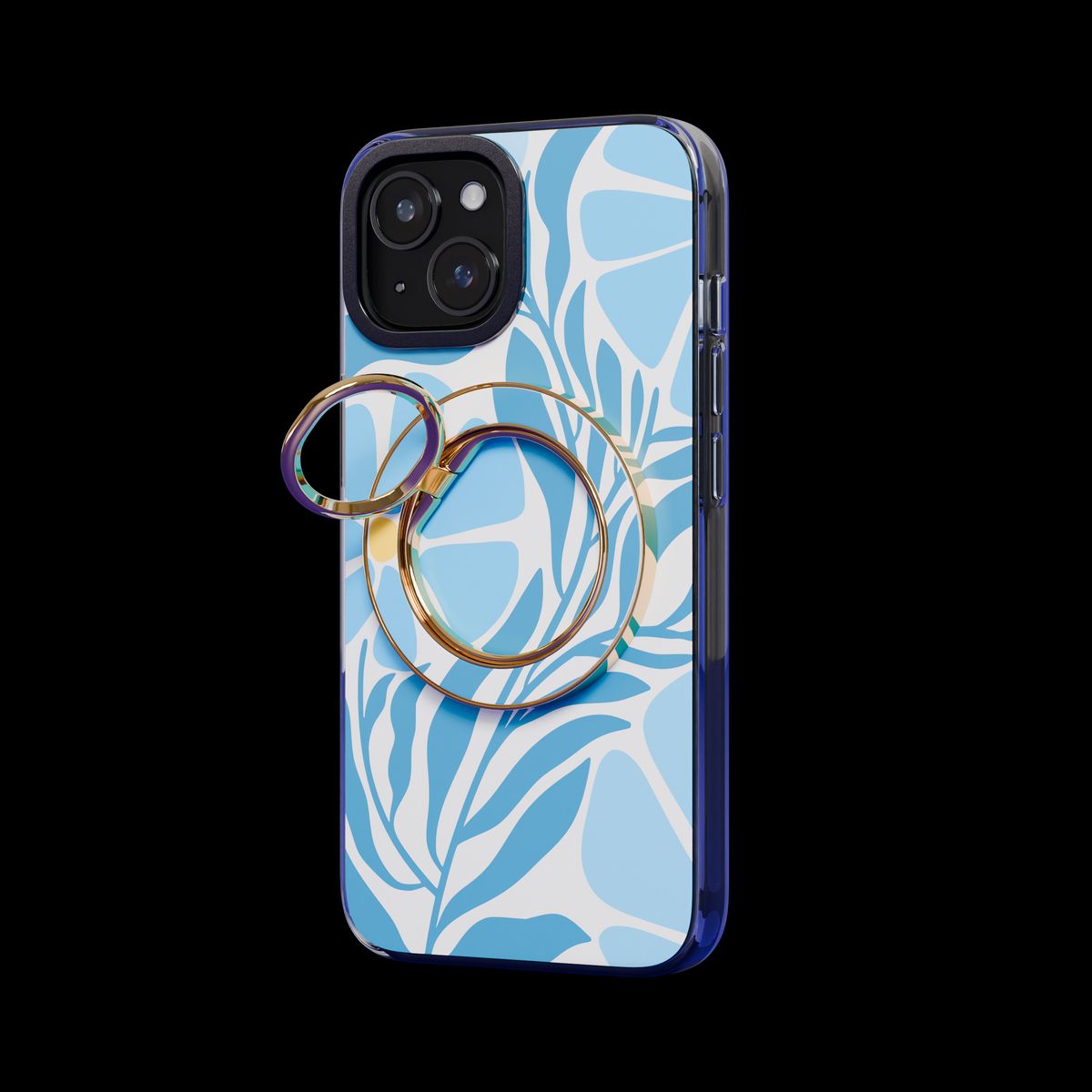A MagSafe ring holder on a phone case, with the case design continuing across it
