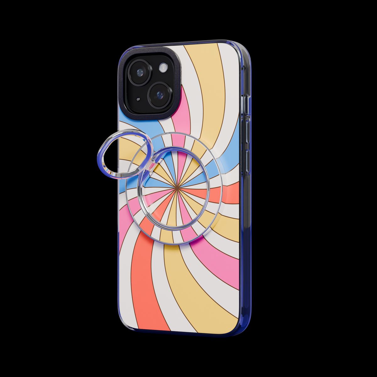 A MagSafe ring holder with its own radial design on a phone case with a swirl print