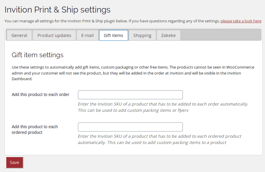 Invition Print & Ship Gift options Screenshot of the Invition Print & Ship Gift options