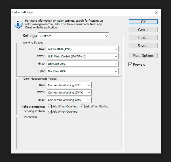 colour settings Photoshop colour settings